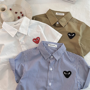 巴拉巴柆儿童短袖衬衫2024夏男女童纯色爱心贴标衬衫宝宝条纹短袖