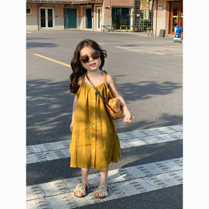巴拉巴柆韩版童装女童黄色连衣裙夏季洋气衬衫裙宝宝时髦宽松度假