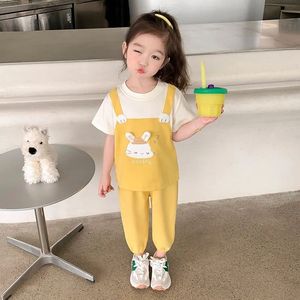 韩版女童夏季套装2024新款小童幼儿园超萌假两件上衣女宝宝休闲两