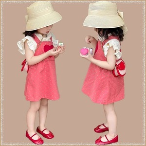 女童2024新款夏季套装洋气时髦儿童花边上衣爱心波点背带裙两件套