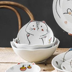 日式陶瓷餐具饭碗点心碗面碗汤碗蓝碗雪花釉手绘猫碗碟系列