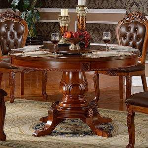 意伟旗林欧式实木餐桌椅组合圆形饭桌实木雕花带转盘餐桌1.8米大