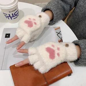 翻盖手套冬季女士可爱韩版保暖加绒加厚卡通毛绒学生防寒两用半指