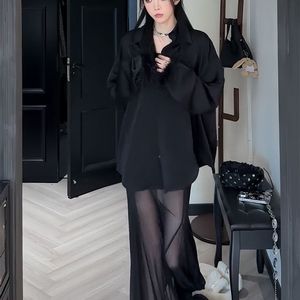 韩系高级感复古辣妹黑色套装女春夏新款宽松衬衫网纱拼接长裙两件