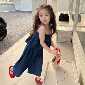 巴拉巴柆韩系2024夏季新款女小童套装小女孩吊带牛仔阔腿裤宝宝短