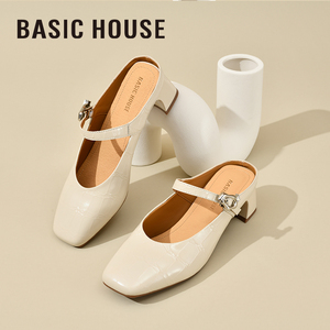 Basic House/百家好新款穆勒鞋方头玛丽珍包头低跟凉拖鞋半拖粗跟