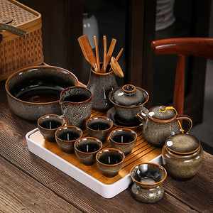 窑变功夫茶具家用办公渐变豹纹白色盖碗茶泡茶壶和茶杯洗茶道整套