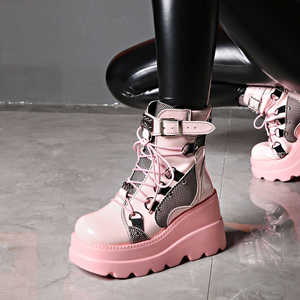 Pink Killer 粉色厚底鞋短靴系带骑士朋克女靴大码黑色坡跟暗黑