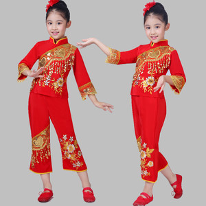 新款儿童秧歌服演出服装喜庆中国结开门红女童民族舞蹈服装表演服