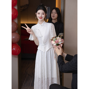 白色旗袍敬酒服新娘订婚礼服连衣裙平时可穿新中式小白裙领证登记