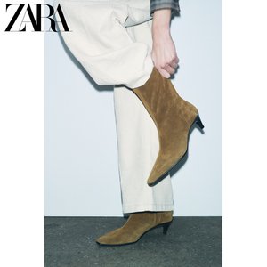 ZARA2024秋冬新品 女鞋 橄榄绿色仿麂皮中跟猫跟尖头短靴 1112410