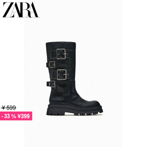 ZARA特价精选 TRF 女鞋 黑色复古厚底带扣平底短筒靴 3070210 800
