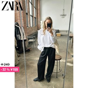 ZARA 特价精选 女装 黑色丝缎质感高腰宽腿长裤 2030851 800