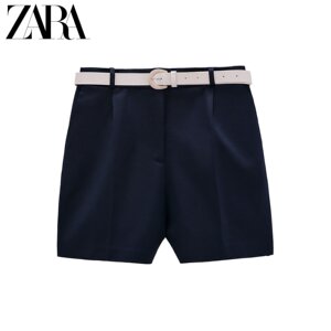 ZARA新款 女装 配腰带双层布休闲短裤 099…深蓝色，X