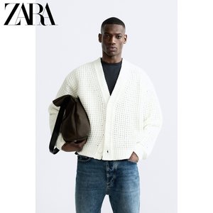 ZARA24春季新品 男装 白色长袖V领纹理针织开衫毛衣 9598427 251