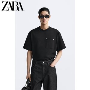 ZARA24春季新品 男装 黑色铆钉口袋饰休闲短袖T恤 4087430 800