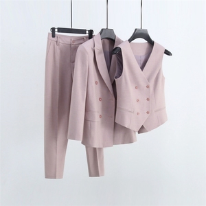 气质烟粉色双排扣西装套装女马甲西裤3件套OL通勤职业装休闲百搭
