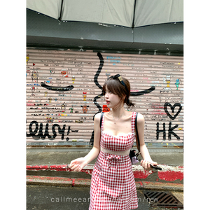 CallmeEar//【树莓方糖】红色格子蕾丝拼接连衣裙夏日甜美吊带裙