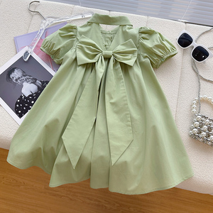 绿色泡泡袖女童连衣裙夏季洋气2024年新款中大童设计感polo领裙子
