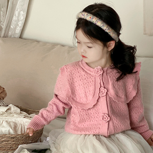 女童针织衫开衫儿童秋冬季薄款花朵纽扣娃娃领宝宝小童装毛衣外套