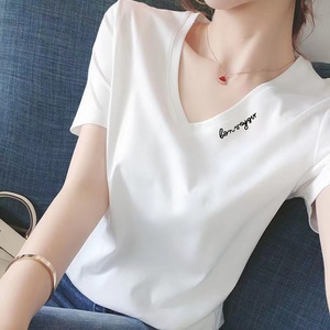 纯棉v领短袖t恤女白色2024年新款夏季显瘦圆领打底衫内搭体恤上衣