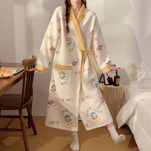 空气棉睡袍女秋冬季三层夹棉孕妇睡裙保暖浴袍系带和服睡衣家居服