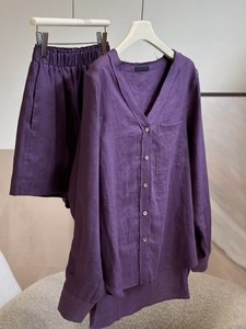 2024新款气质宽松显瘦夏装搭配一整套紫色苎麻衬衫短裤两件套装女