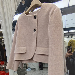春季新品韩版双面羊绒外套甜美双面呢上衣赫本风小个子粉色呢子女