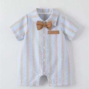 婴儿衣服夏季新条纹短袖a类纯棉婴儿服裝韩版绅士宝宝外出爬服