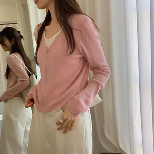 TG韩版2024春季新款女装法式小个子假两件拼色短款针织衫拉链上衣