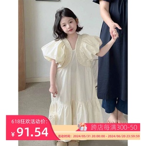 波拉bora韩国女童连衣裙夏装儿童宝宝洋气白色短袖公主裙子长款薄
