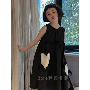 波拉bora韩国女儿童连衣裙夏装中大孩子黑色设计感无袖吊带长裙潮