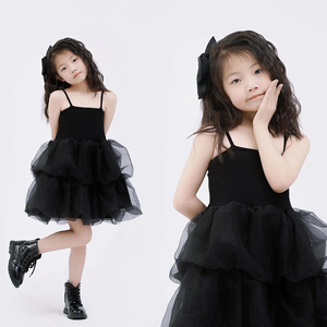 2024新款女孩5-6岁儿童摄影服装黑色小清新外景纱裙公主唯美拍照