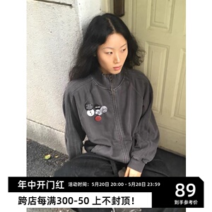 美式复古立领卫衣外套女夏季薄款设计感小众做旧宽松夹克开衫上衣