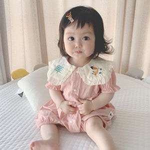 ins24夏款韩版婴儿可爱娃娃领刺绣短袖连体宝宝纯棉包屁爬服外出
