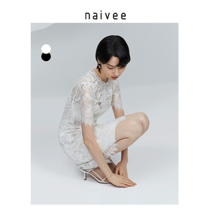 naivee纳薇23秋夏优雅知性法式气质短袖珍珠蕾丝连衣裙白色仙女裙