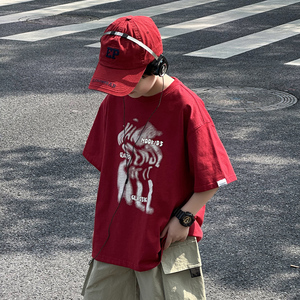男童短袖T恤夏季薄款2024新款儿童痞帅时髦半袖男孩红色夏装上衣