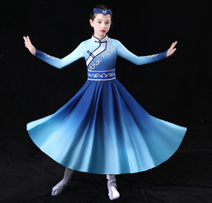 新款儿童表演服三月三少数民族女童蒙古草原筷子舞连衣裙舞蹈服装