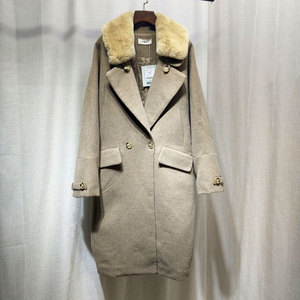 特不退冬VIKI韩国时尚真兔毛领茧型羊绒大衣外套中长加厚夹棉风衣