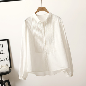 日系纯棉白色衬衫女2023秋新款韩版设计感褶邹长袖衬衣小个子上衣