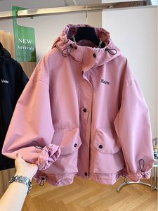 韩国韩版设计感小众宽松工装连帽粉色风衣外套女春秋双口袋冲锋衣