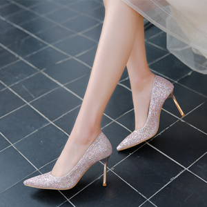 [转卖]新娘鞋婚鞋金粉色亮片浅口高跟鞋细跟尖头伴娘鞋中高跟鞋