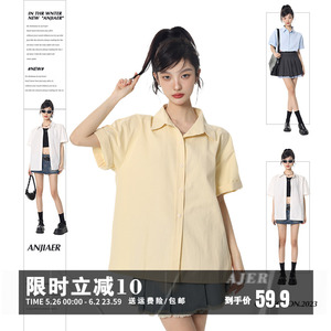 奶黄色Polo领短袖衬衫女小众韩版学院风宽松上衣白色休闲衬衣夏季