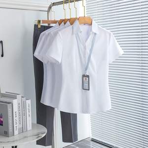 v领白色衬衫女夏季正装工装面试职业套装修身短袖衬衣银行工作服