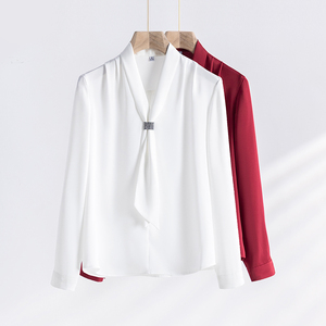 法式V领白色雪纺衬衫女春夏设计感小众领结飘带上衣高端长袖衬衣