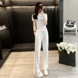 白色运动休闲套装女夏季薄款时尚洋气时髦减龄短袖阔腿裤两件套潮