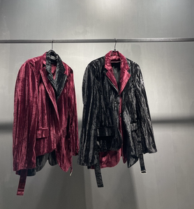 原创酒红金丝绒西装套装设计感小众春秋非韩版2层非网红西服男女