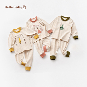 彩棉男女宝宝家居服套装婴儿内衣套装肩开长袖长裤两件纯棉春秋装