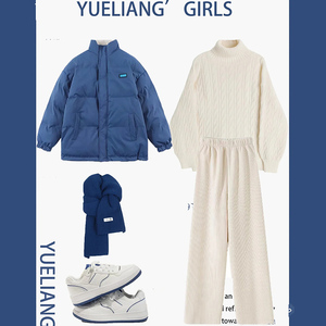 2022冬季茶系搭配女装整套女装小香风高级感加厚棉服外套两件套装