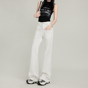 白色工装微喇叭牛仔裤女2024年夏季新款高腰显瘦小个子拖地长裤子